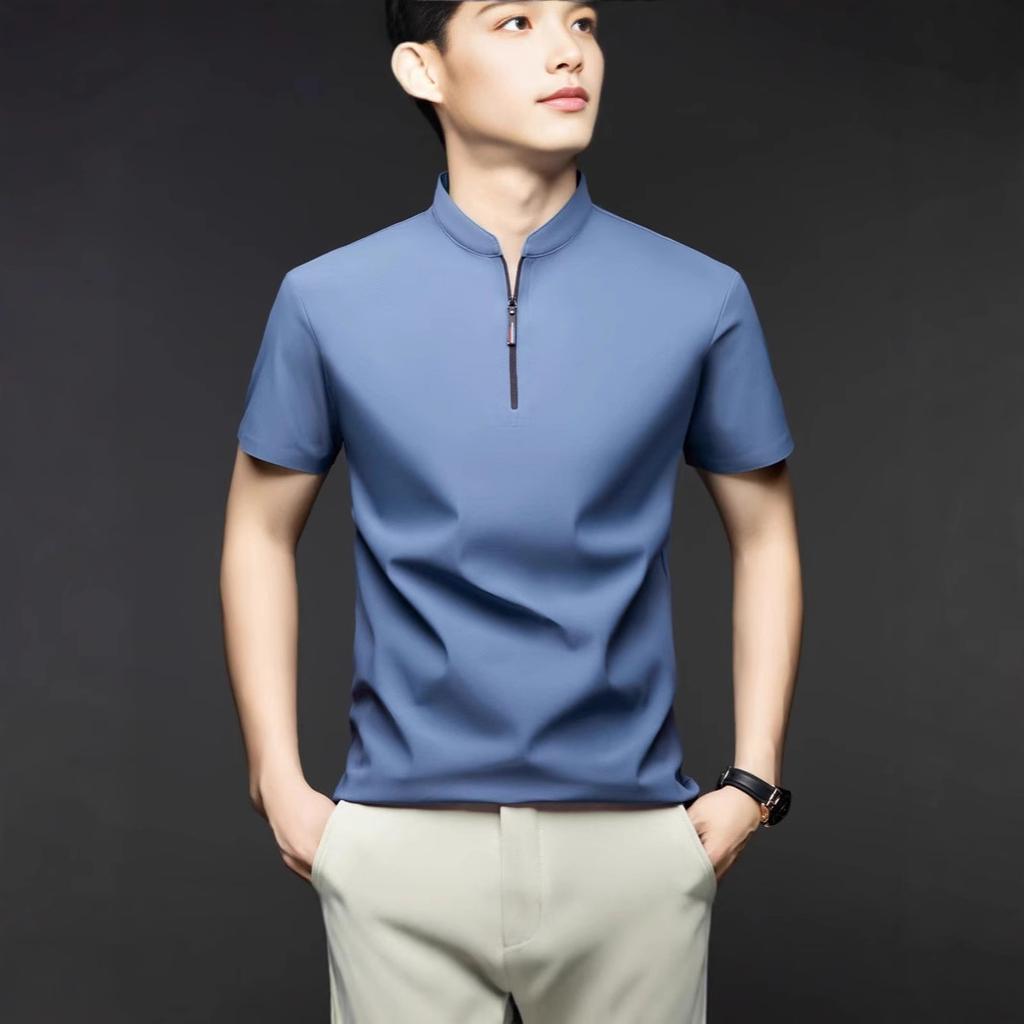 Men's Casual Fashion Solid Color Short Sleeved Polo Shirt Stand Up Collar Versatile Comfortable Top
