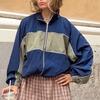 Unisex French Retro Stand Collar Color-Block Zip-Up Oversize Track Jacket Lightweight Polyamide Outdoor Casual Coat, Blue