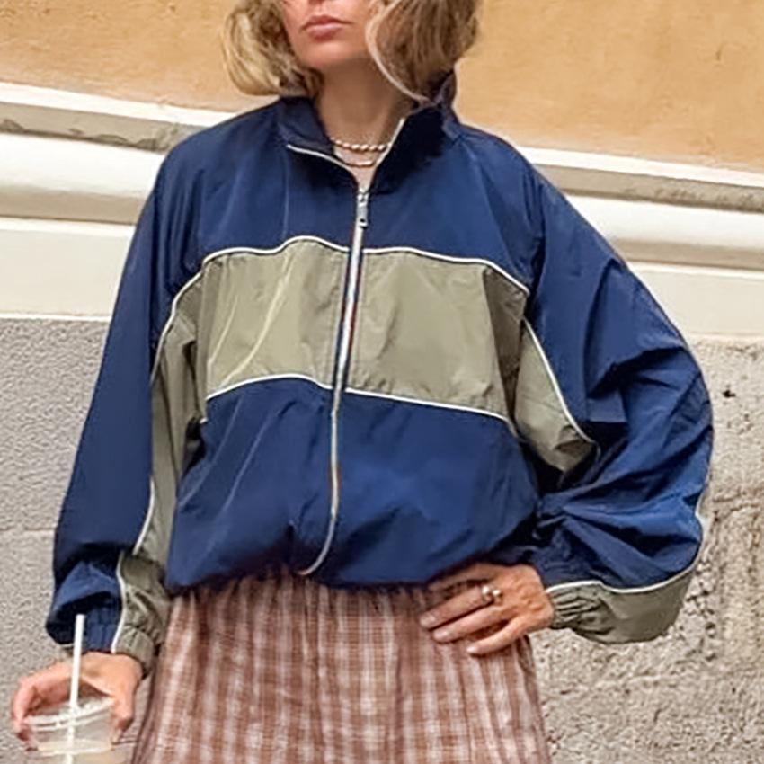 Unisex French Retro Stand Collar Color-Block Zip-Up Oversize Track Jacket Lightweight Polyamide Outdoor Casual Coat, Blue