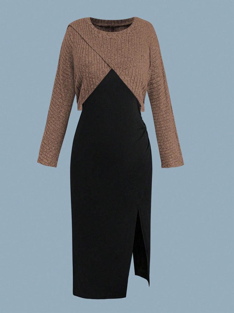 Plus Size Women's Knit Cardigan & Split Camisole Dress Set - Korean Style Autumn/Winter