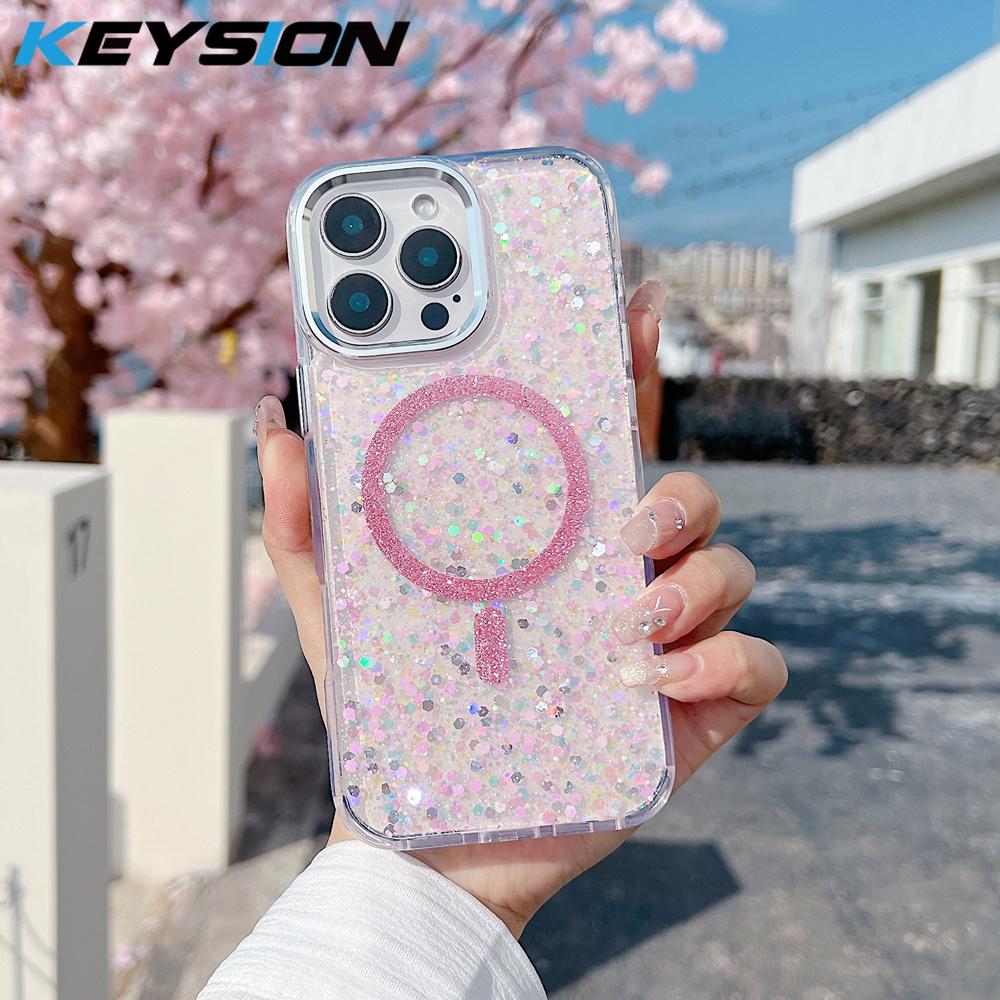 KEYSION Luxuxy Glitter Magnetic Phone Case for MagSafe for iPhone 12 13 14 Pro Max 14 Plus Soft TPU+PC Shockproof Back Cover