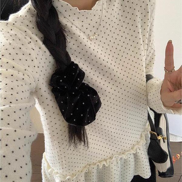 Autumn Winter Korean Style Polka Dot Turtleneck Long Sleeve Women's Slimming Base Layer Shirt