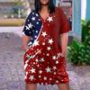Summer Plus Size V Neck Short Sleeve Knee Pocket Gradient Print Casual Dress For Women