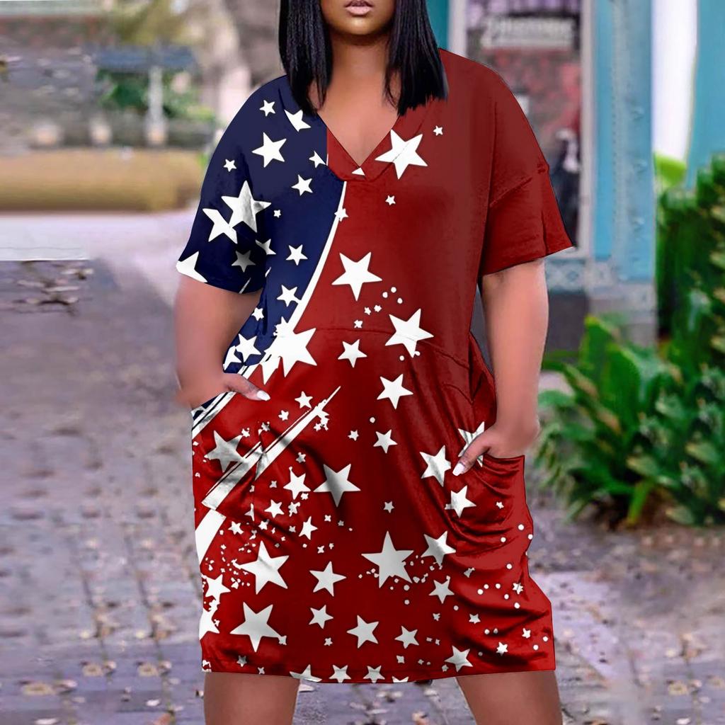 Summer Plus Size V Neck Short Sleeve Knee Pocket Gradient Print Casual Dress For Women