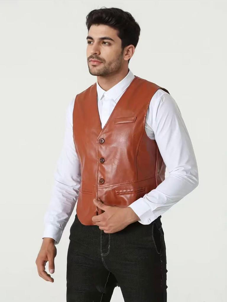 Men's PU Leather Vest V-Neck Single-breasted Slim-fit Casual Leather Vest Fashion Trend Men's Jacket