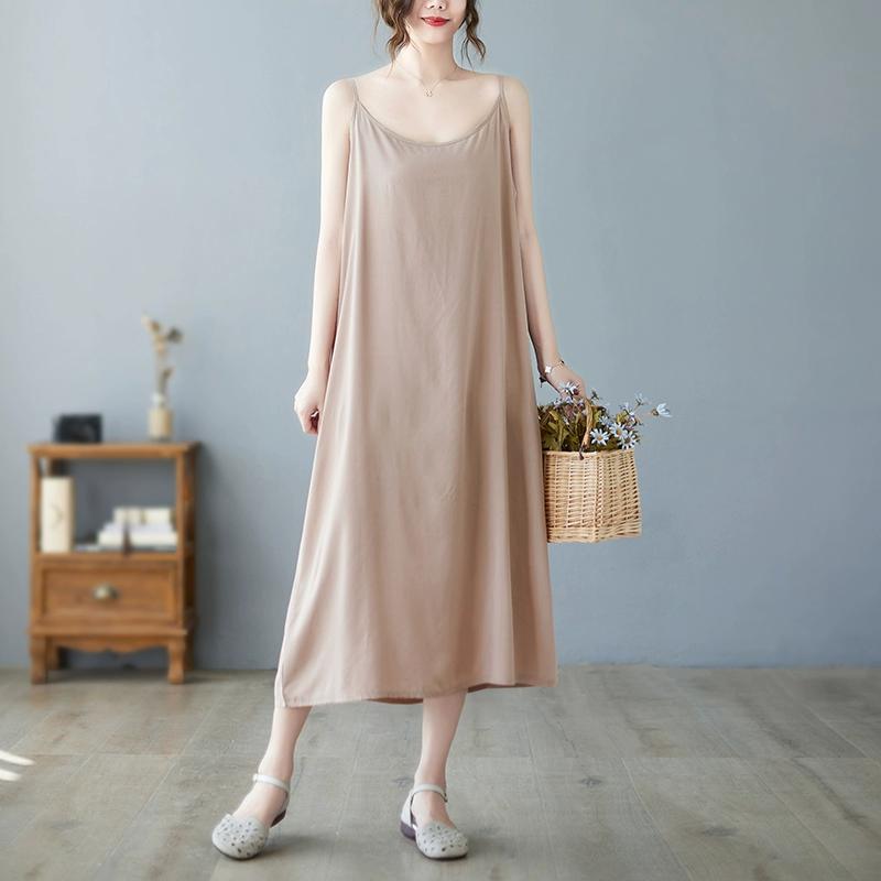 

DIMANAF Жіночі великі розміри Нове літнє бавовняне плаття 2024 року Однотонна повсякденна сукня без рукавів Базові вільні довгі сукні One Size хакі