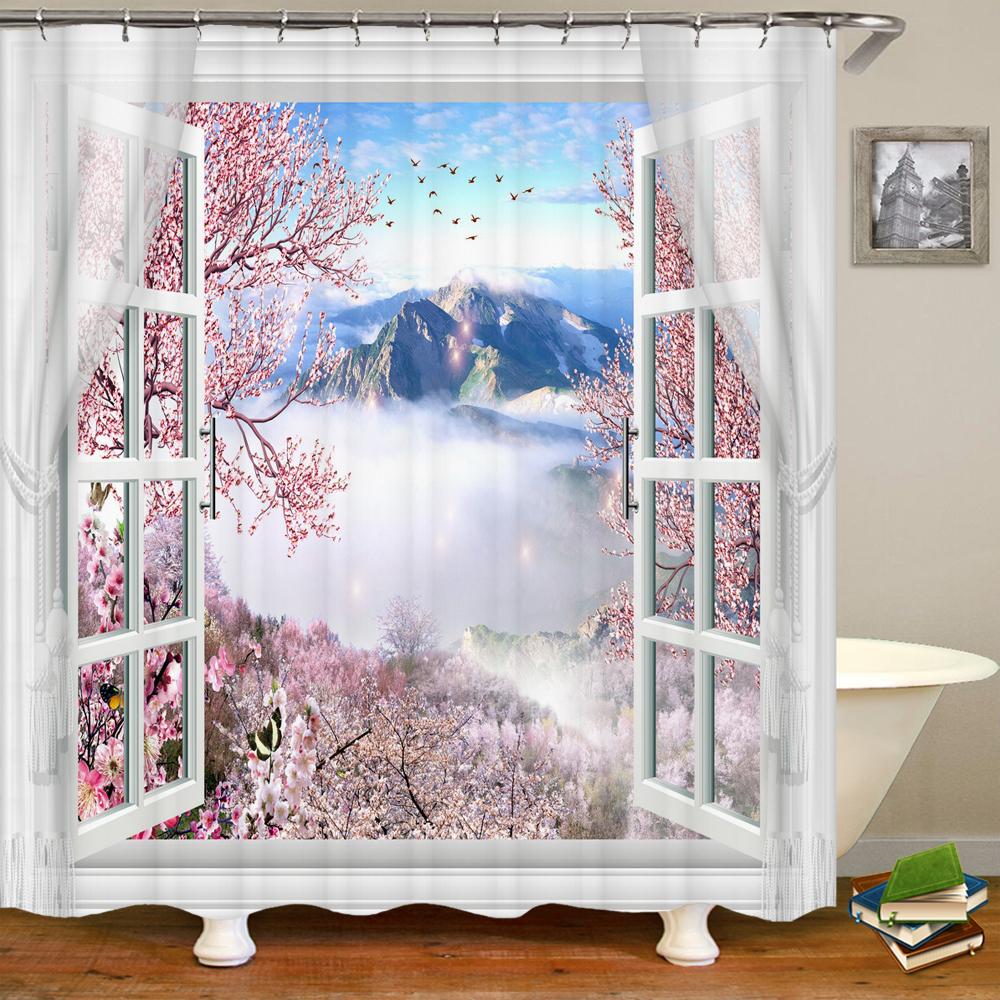 3D window opening scenery window landscape printed shower curtain mildew washable curtain bathroom decoration with hooks curtain