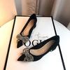 Pointed Black Thick Heel High Heels Women's New Spring and Summer Bow Temperament Professional French Suede Shoes