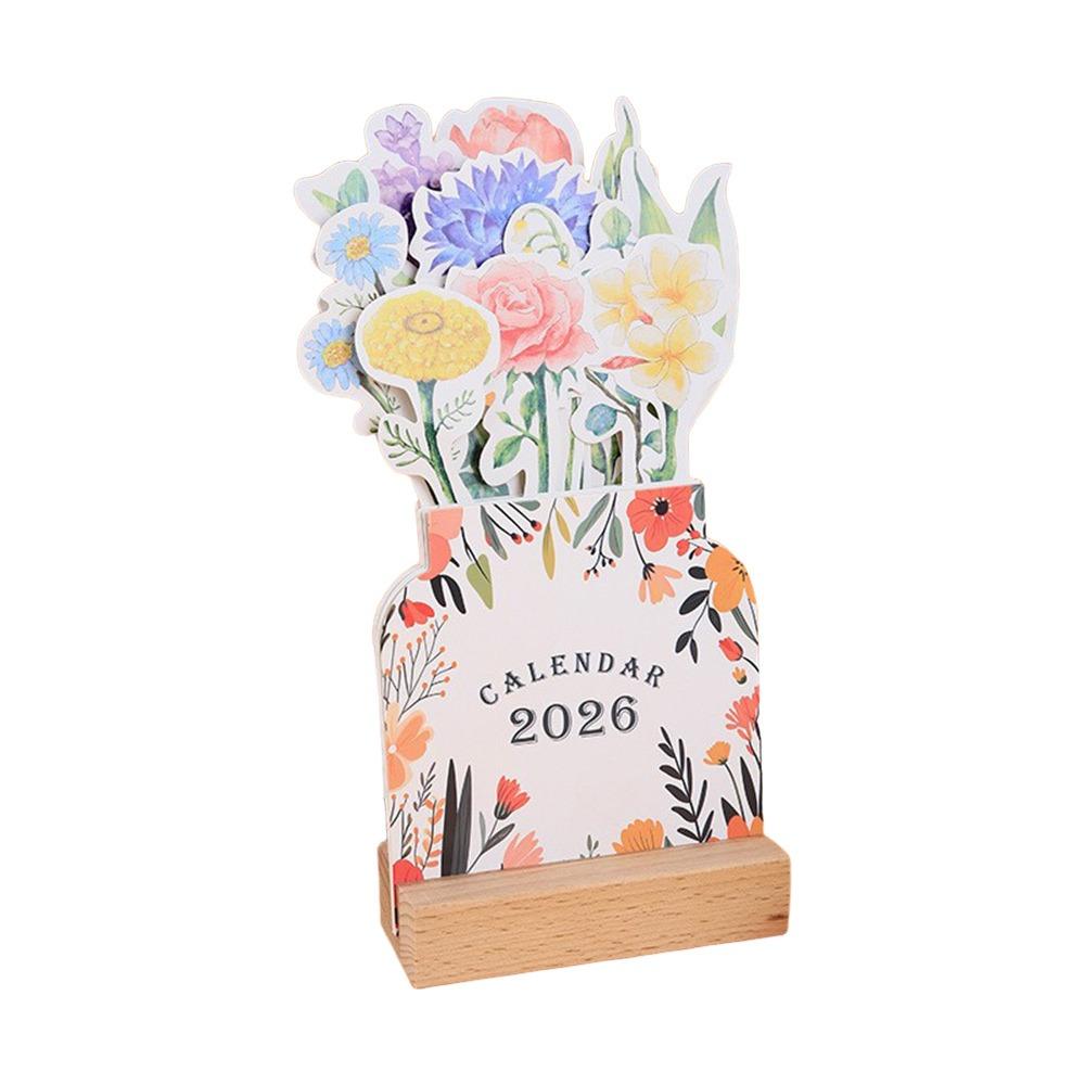 Wooden Base 2026 Desktop Calendar Detachable Base Vase Shaped Bloomy Flowers Desk Calendar DIY Floral Theme Standing Calendar