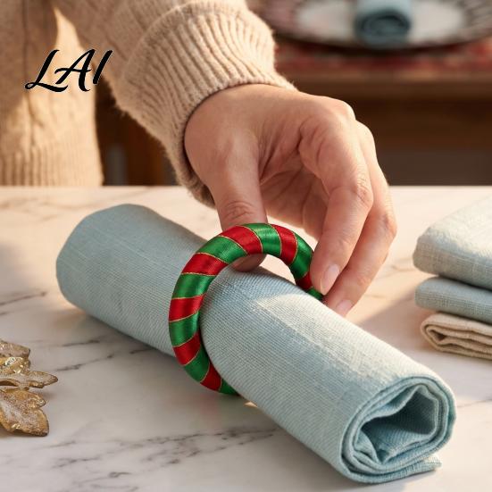 Holiday Table Decor Christmas Red Green Striped Napkin Rings Handwoven Fabric Holder Festive Dining Accessories for Setting Party Dinners And Hotel