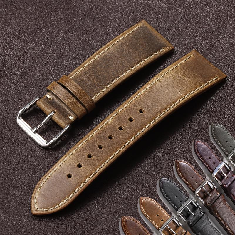 Vintage Oil Wax Leather Watch Strap Pin Buckle Bracelet Universal Cowhide Watchband Accessories 18mm 19mm 20mm 21mm 22mm Belt