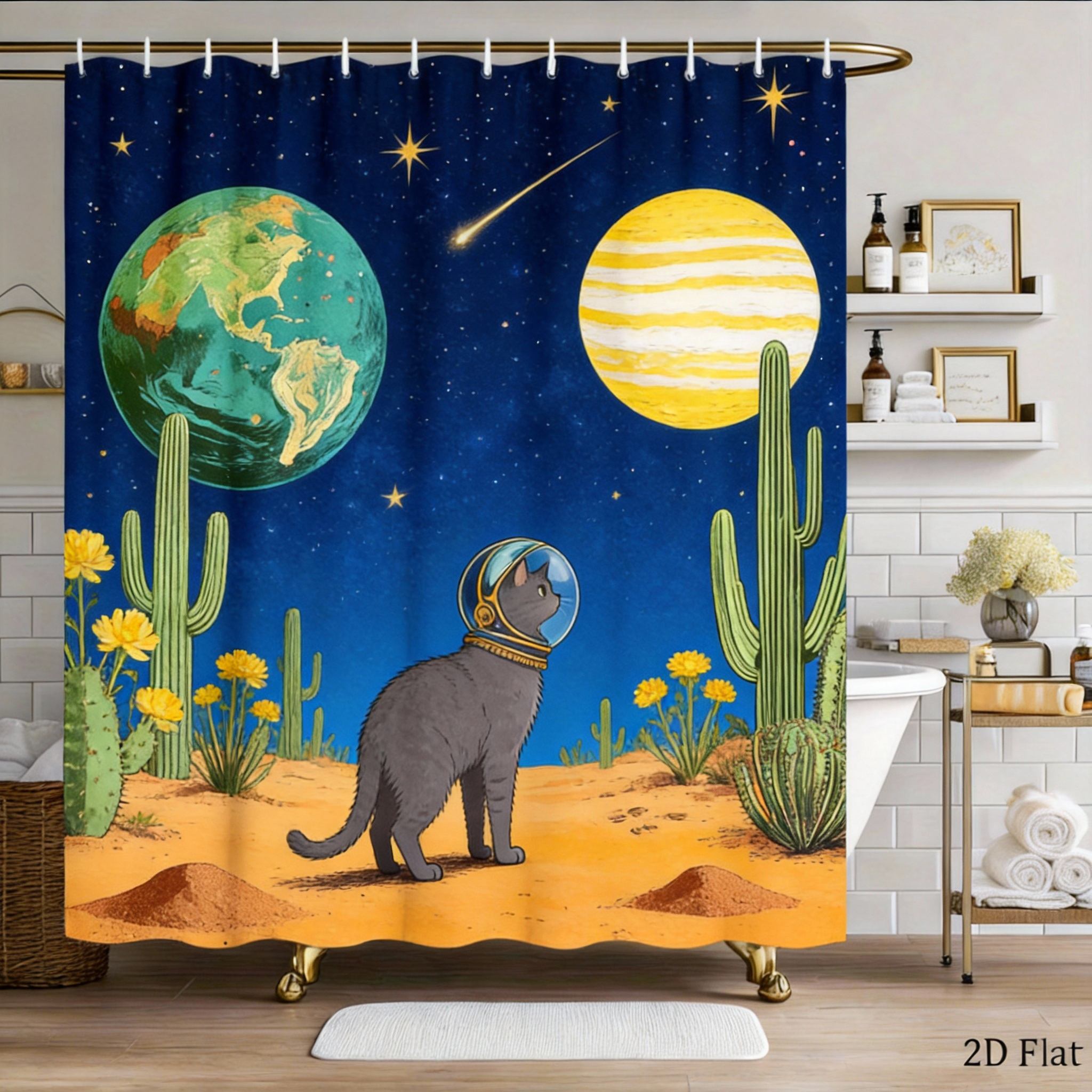 

Space Cat Shower Curtain 180x180cm – Retro 60s Astronaut Feline on Desert Planet, Whimsical Bathroom Decor, 12 Hooks 90X180cm(35x70in)