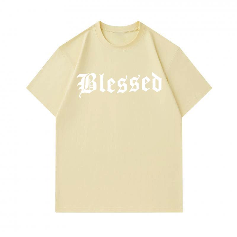 Men's 100% Cotton Crew Neck Short Sleeve T-Shirt, Casual Blessed Gothic Letter Print Breathable Soft Daily Wear Tees for Men Streetwear Fashion Comfy