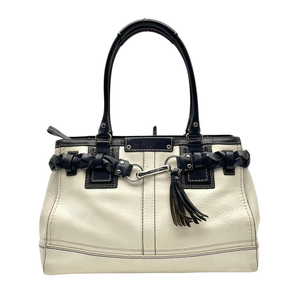 Used COACH Handbag Hamptons Hamptons Braided Leather CarryallHandbag white/black leather Women