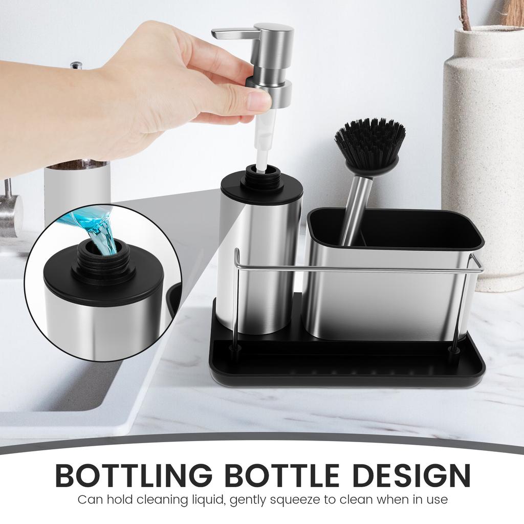 3-in-1 Zeepdispenser Pomp Set met Borstel Spons Houder Handdoekrek Keuken Spoelbak Afwasmiddel Dispenser Schoonmaakgereedschap Opbergruimte