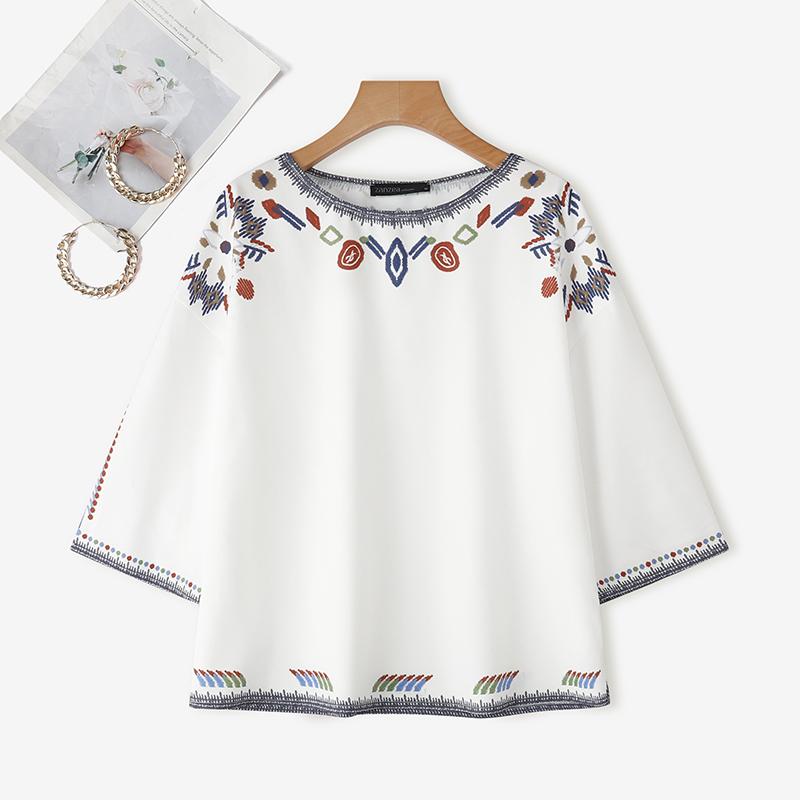 

ZANZEA Women Round Neck Loose Casual 3/4 Sleeve Print Blouse 5XL белый