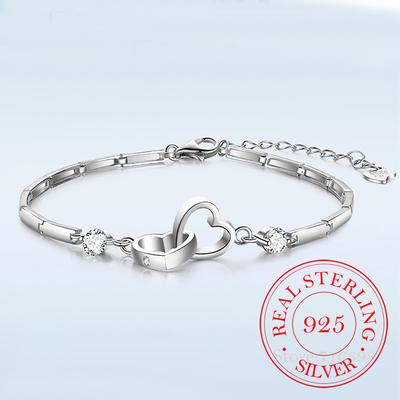 JewelryTop Charms 925 Sterling Silver Bracelets Bangles for Women Valentine's Days Cubic Zircon Wedding Love Heart Jewelry