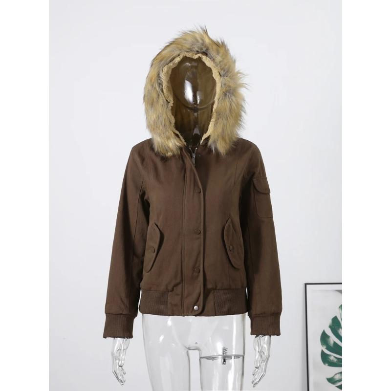Women`s Bomber Jacket Hooded Fur Collar