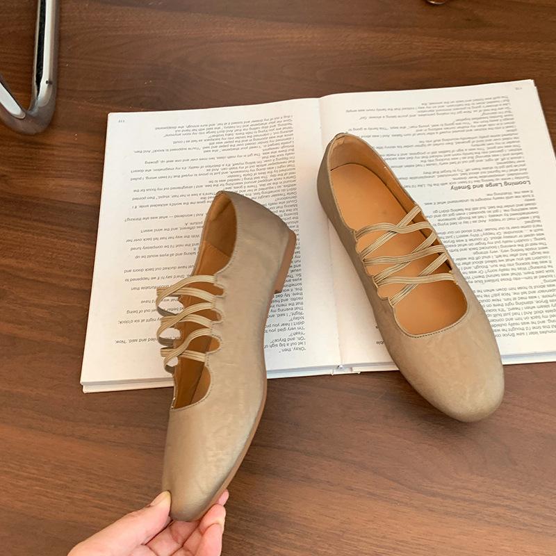 2025 autumn new French soft leather round head cross strap Mary Jane shoes ballet shoes shallow mouth single shoes women