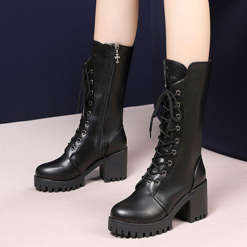 

Женские кожаные ботфорты на массивном каблуке с флисовой подкладкой, больших размеров, 35-41 35 чёрный