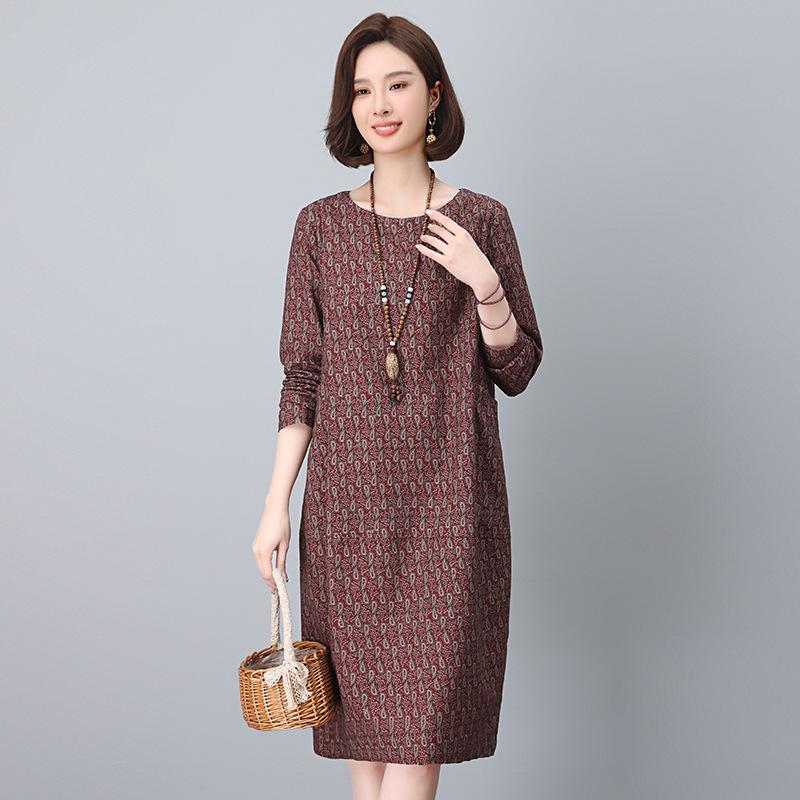 2025 Retro Floral Loose Fit Dress for Women - Spring & Autumn, Round Neck, Perfect for Middle-Aged Mothers
