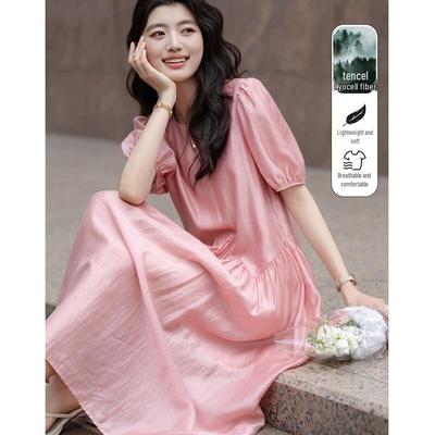 Demana Women's Irregular Hem Tencel Blend Puff Sleeve A-Line Dress