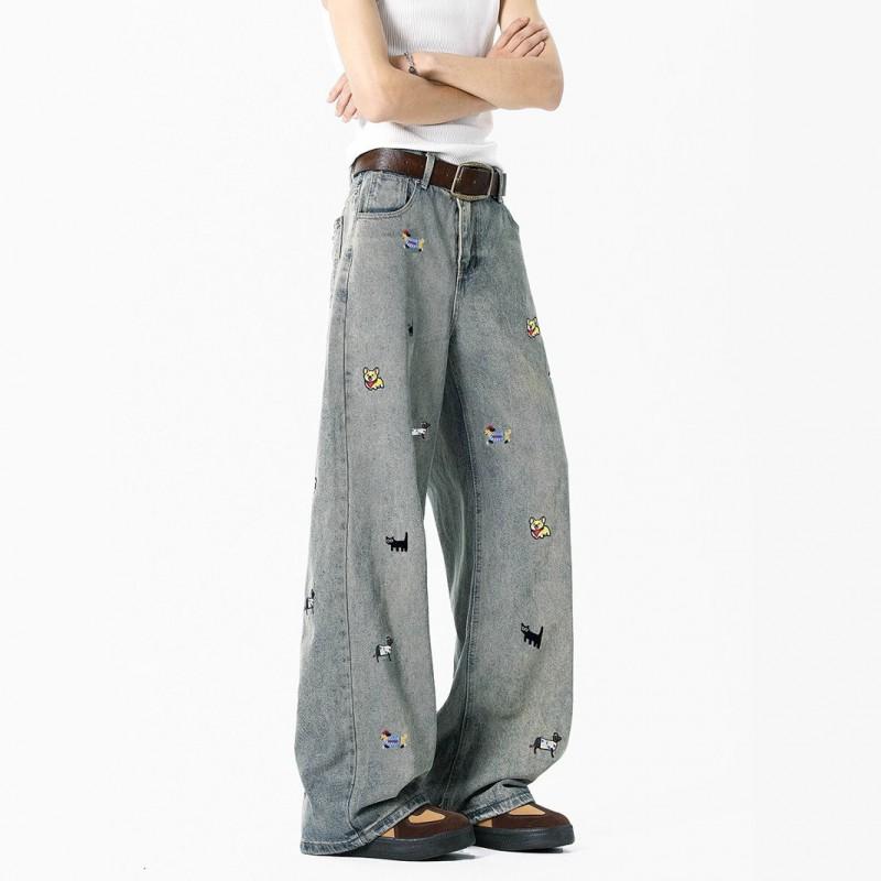 Mens Embroidered Denim Jeans Loose Straight Leg Washed Streetwear Pants