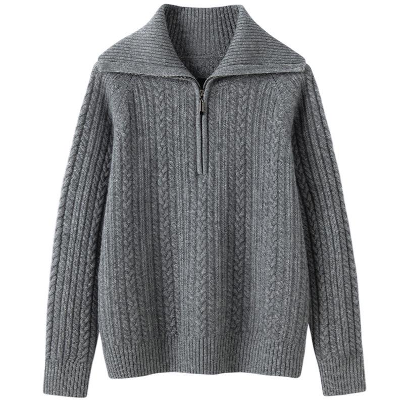 Cashmere Cable Knit Lapel Sweater - Autumn/Winter 2026 Women's Loose Fit, Gentle Style Base Layer
