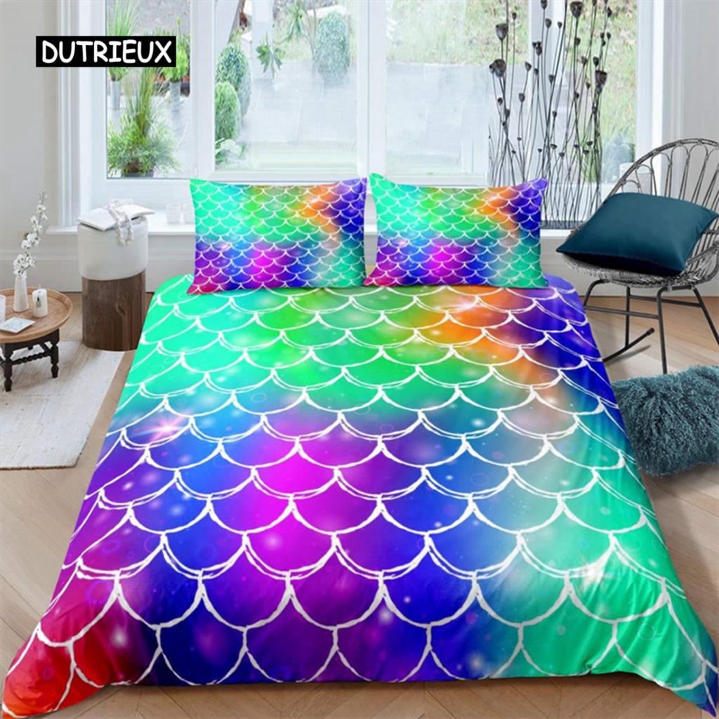 

Цветной пододеяльник с изображением чешуи русалки и рыбьей чешуи, комплект постельного белья King Full для детей, мальчиков и девочек, тема океана и моря, покрывало EU single(135x200cm)