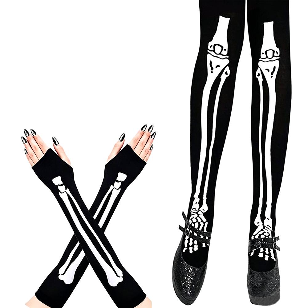 Geisterfest Skelett Kostüm Zubehör Skelett-Print Kniehohe Socken Und Lange Handschuhe Leuchtendes Muster Halloween Set