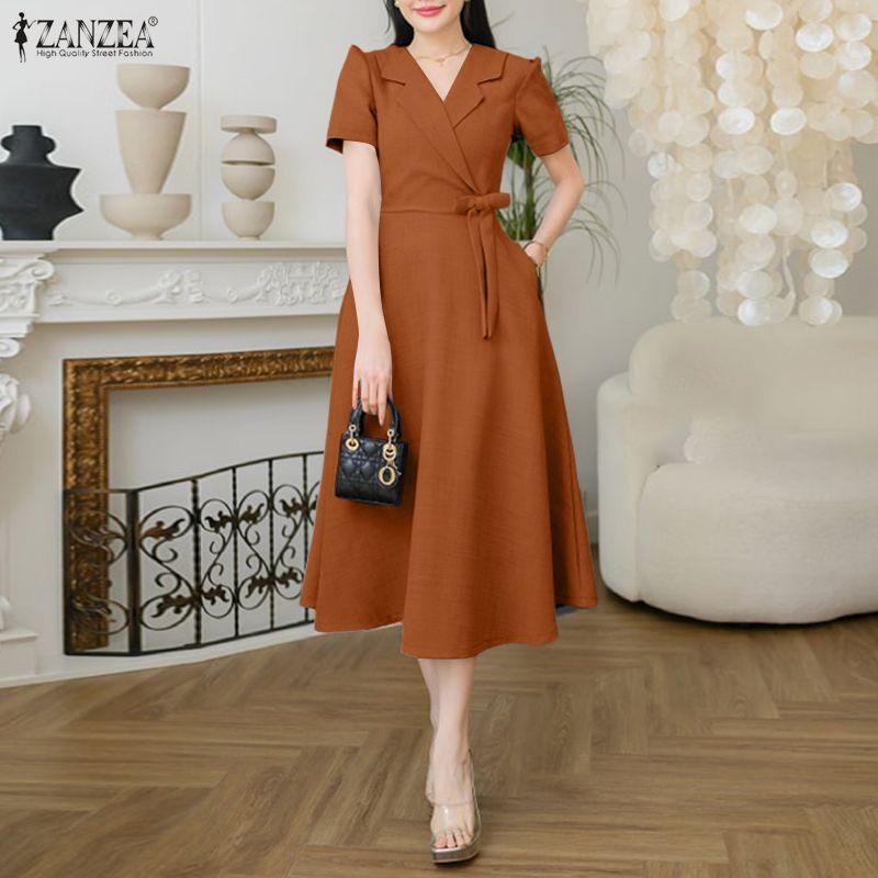 ZANZEA Women Casual V-neck Elegant Summer Short Sleeve Dress