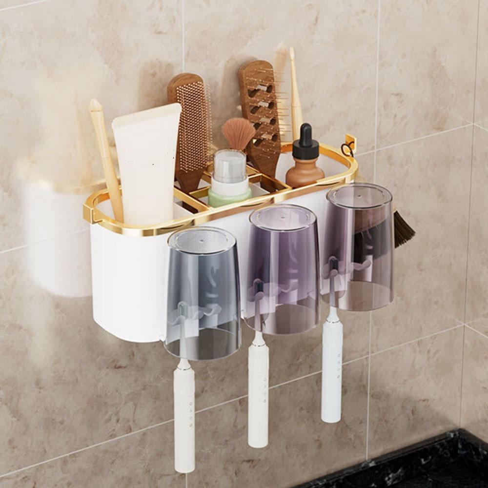 

No Punching Bathroom Shelf Wall Mounted Toothbrush Stand Durable Toothpaste Storage Rack Bathroom 3 Cup