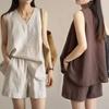 Summer Cotton Linen Casual Sleeveless Two-Piece Set Simple Top Shorts Fashion Design Comfortable Polyester Blend Women's Outfit
