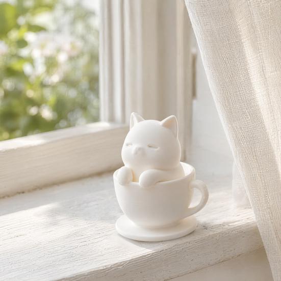 yangyizhi 3D Printed Cute Cat Teacup Figurine, Mini Animal Statue Healing Decor Ornament, Smooth White Desktop Sculpture with Integrated Stable Base,