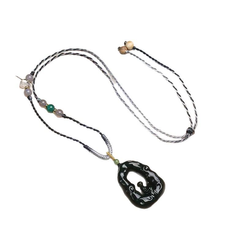 Hand-Woven Hetian Jade Pendant with Adjustable Beaded Lanyard in Chinese Style