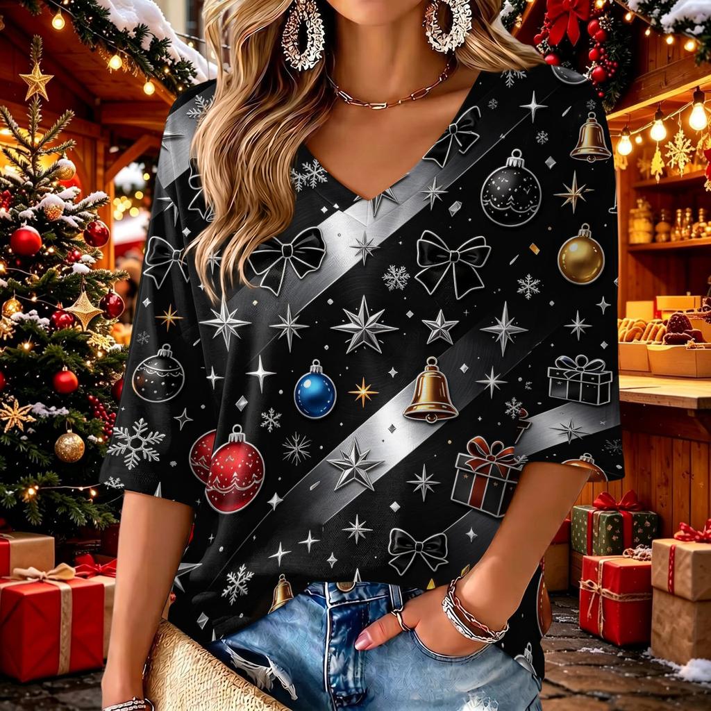 Women's Casual V-Neck Top with Christmas Print and Three-Quarter Sleeves