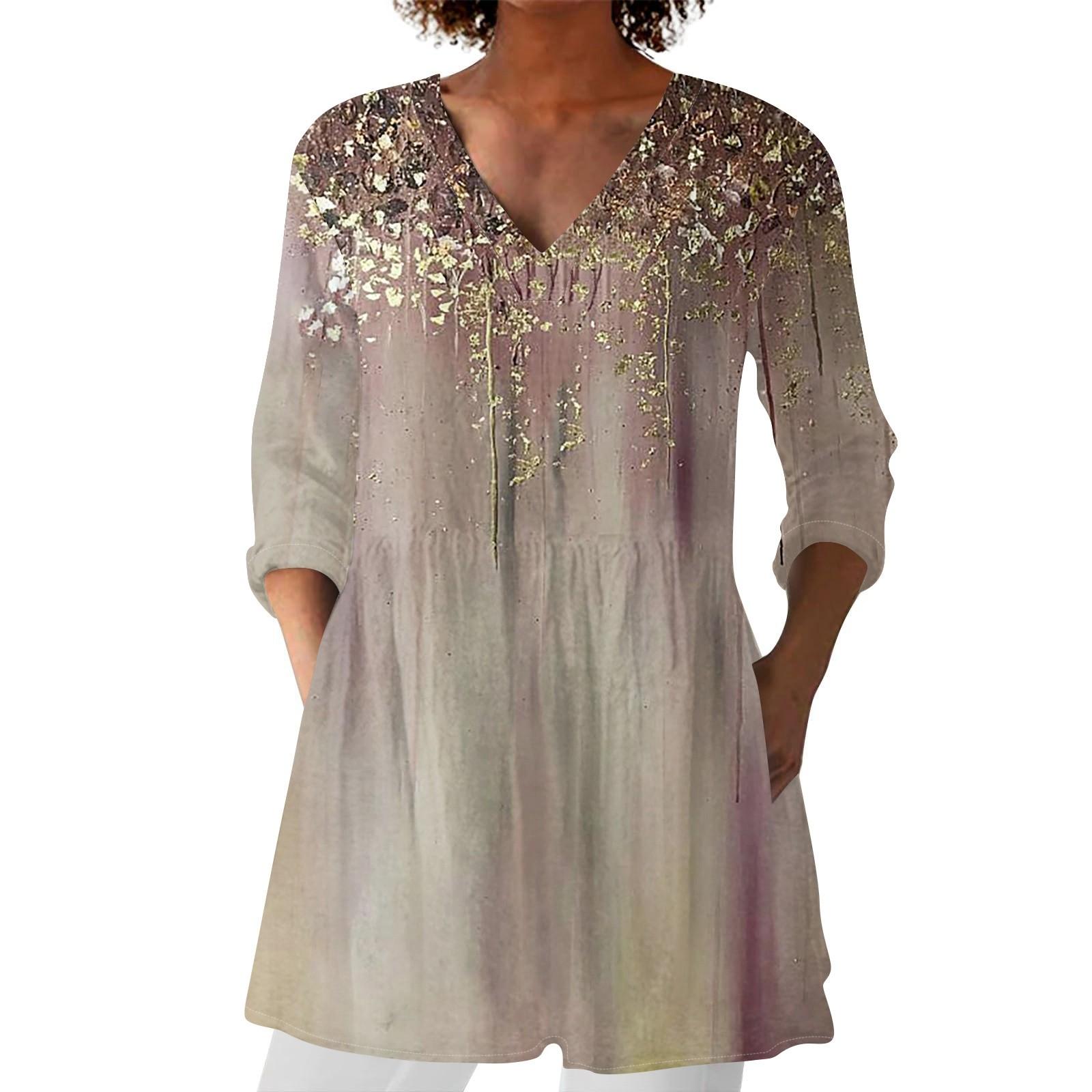 

Women s Fashion Printed V Neck 3/4 Sleeve Pocket Casual Loose Fit Pullover Shirt Top XL