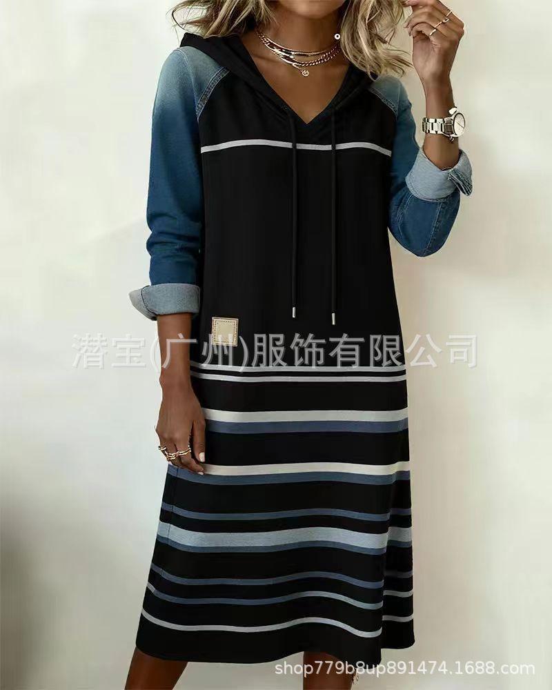 New European and American women's clothing denim long-sleeved splicing hooded drawstring dress contrasting color long dress women