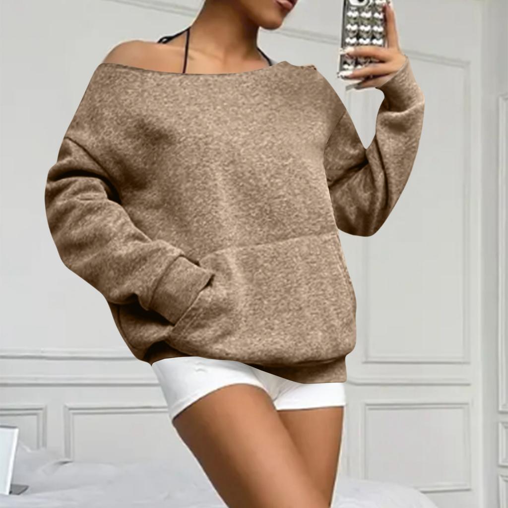 Dam Casual Mode Färg Off-shoulder Långärmad Lös Tröja Med Fickor