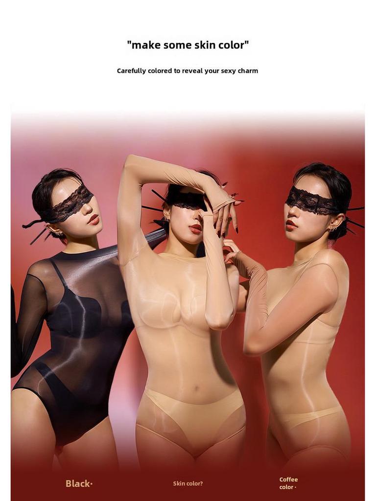 Seamless Shiny Silky High-Cut Bodysuit & Sexy Stockings Set - Large Size