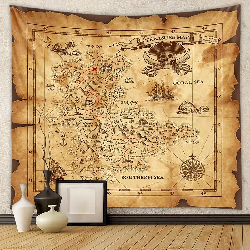 American Nautical Treasure Map Tapestry Pirate Printed Wall Hanging Cloth for Home Decor Retro Classic Festival Gift for Friends 74x94cm(29x37in)