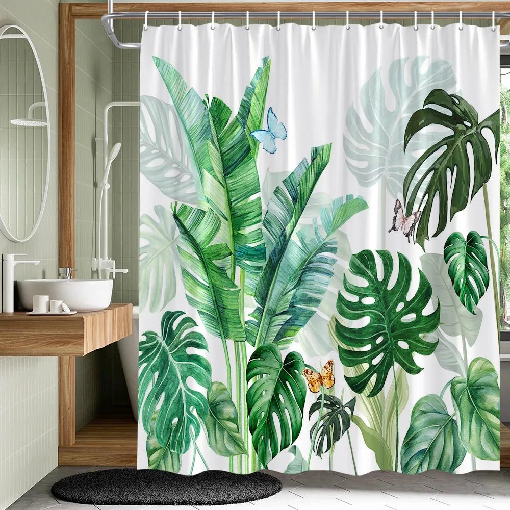 Plant Leaves Flower Shower Curtains Set Garden Floral Drum Tower Fabric Bathroom Decor Splash Resistant Partition Bath Curtains