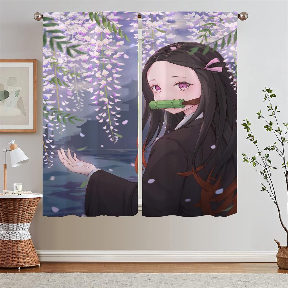 Nezuko Kamado Curtain Window Curtains for Living Room Decoration Curls Tulle In Kitchen Curtains 2 Pieces Window Blinds Blackout
