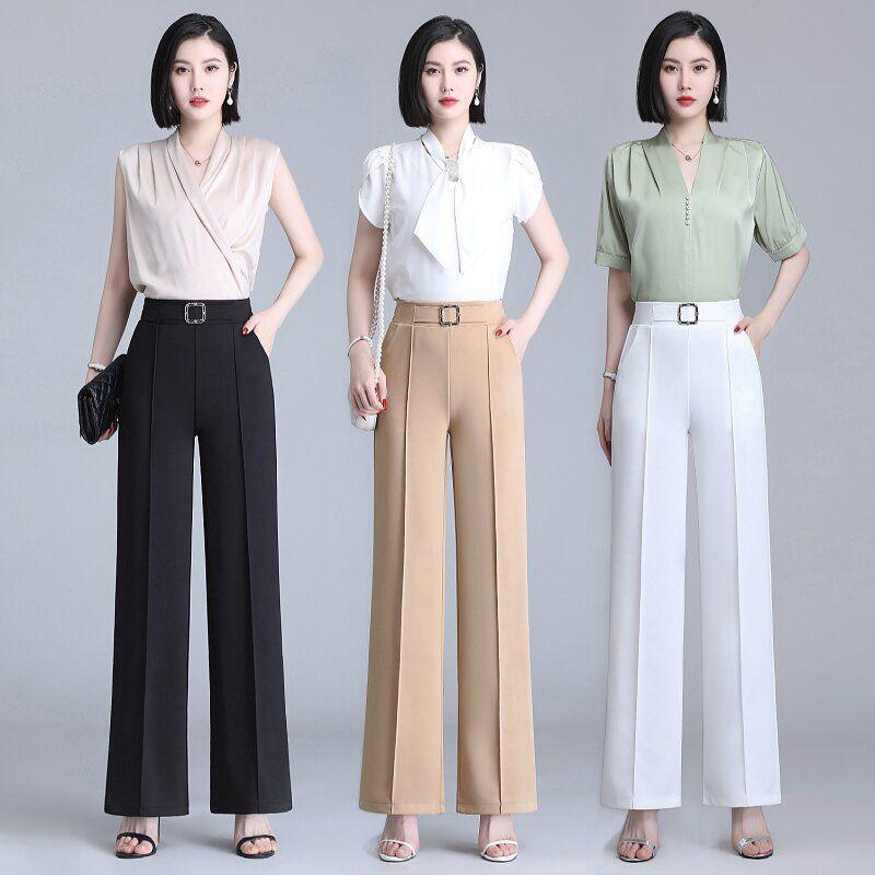 Women's High-Waisted Wide-Leg Ice Silk Pants - Loose, Straight, Versatile, Cropped, Perfect for Spring/Summer