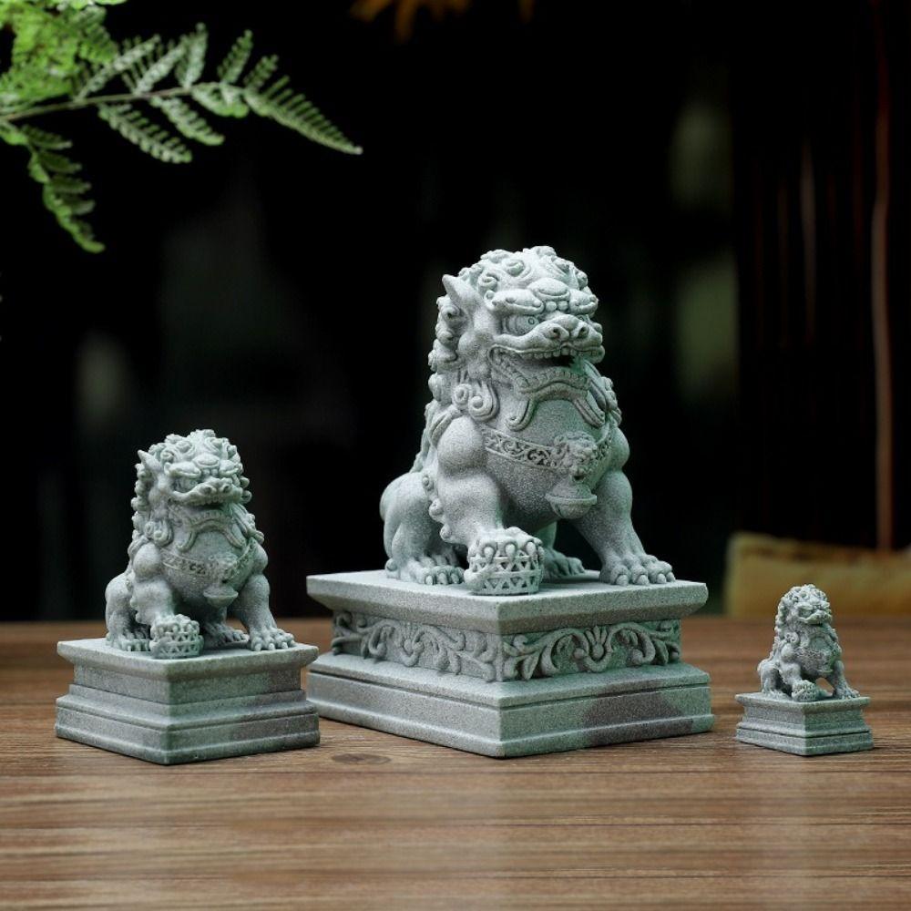 2Pcs Traditional Craft Guardian Lion Statue Sandstone Desktop Adornments  Zen Room