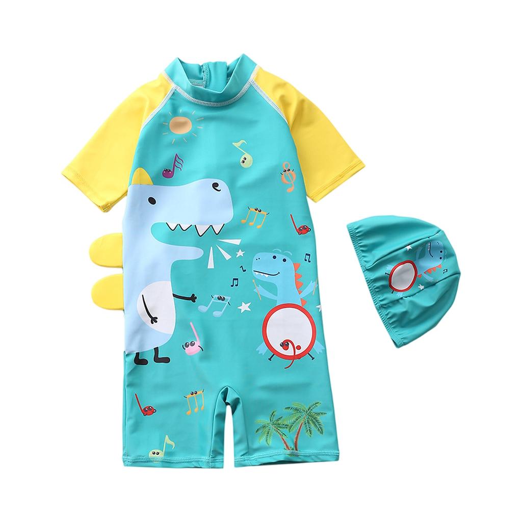 Boys Short Sleeve Hooded One-Piece Swimsuit Cartoon Dinosaur Print Beach Swimwear Summer Kids Swim Shirt with Matching Swim Cap