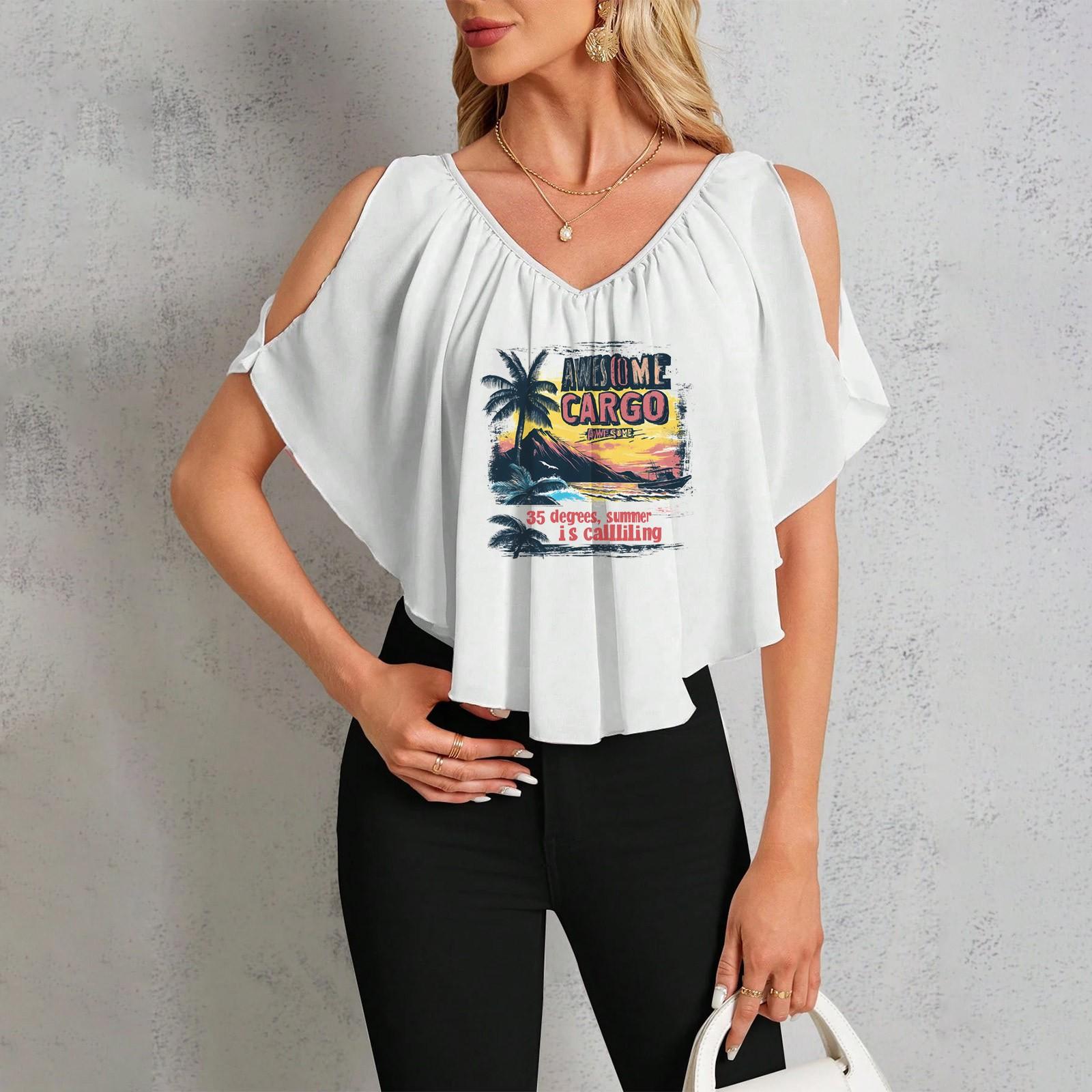 

Женская повседневная футболка с V-образным вырезом и открытыми плечами с гавайским принтом XXL тёмно-синий