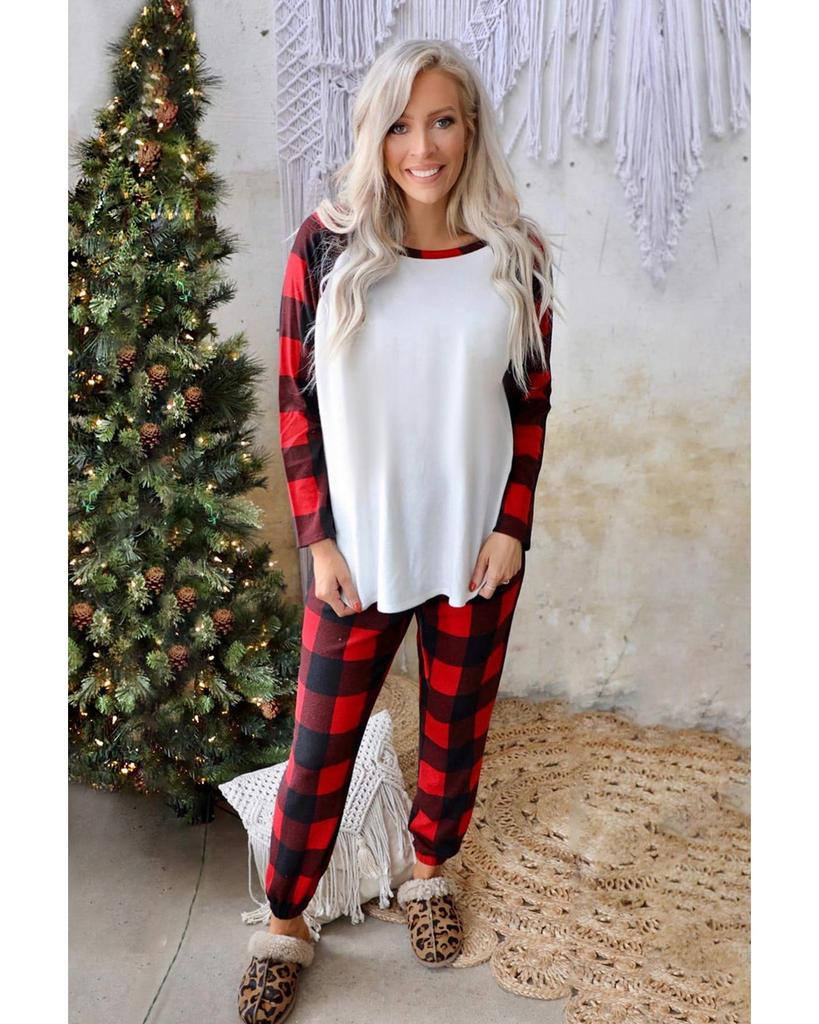 Azura Exchange Plaid Raglan Sleeves Top and Drawstring Pants Lounge Set