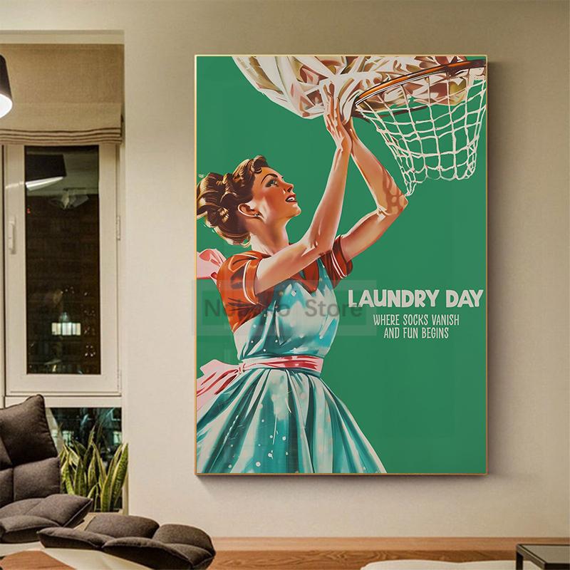 Vintage Funny Laundry Day Poster Retro Housewife Funny Prints Canvas Painting Wall Art Pictures Home Room Bathroom Decoration