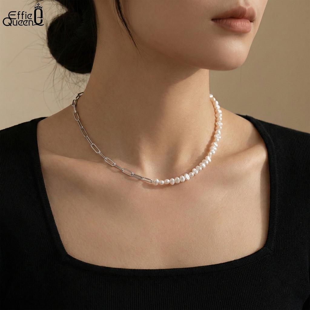 EFFIE QUEEN 925 Sterling Silver Elegant 14K Gold Natural Freshwater Pearls Choker Necklace Paperclip Chain Strand Present GPN13
